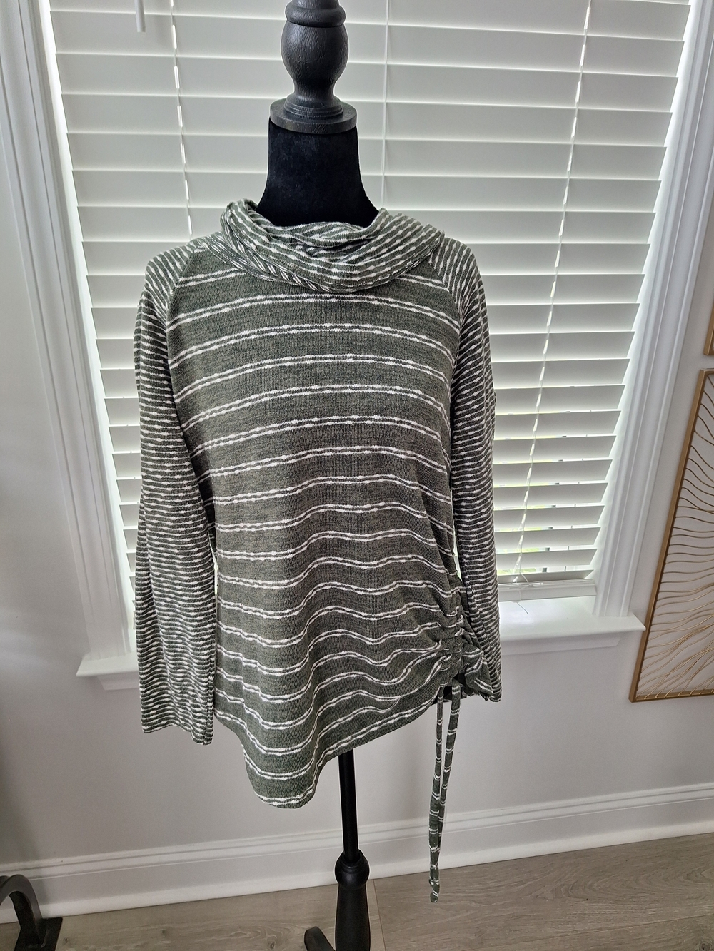 Sunday Olive & White Striped Cowl Tie-Hem Sweatshirt